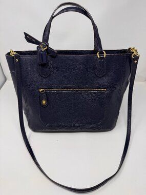 COACH Poppy Blaire Tote Navy Textured Patent Leather Pink Satin Lining 15"